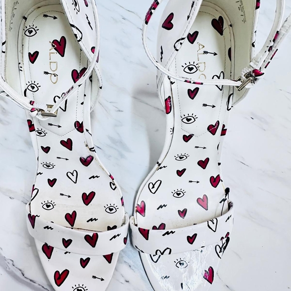 ALDO White and Red Heart Patterned Women's Sandals - Picture 1 of 7